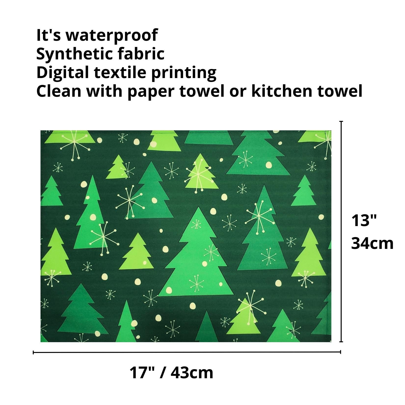 Set of 4 Placemats Christmas Tree Cloth Waterproof 17" by 13"  - Green-4